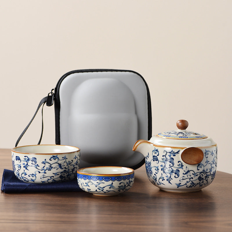 Elegante juego de té de viaje Ru kiln en azul y blanco