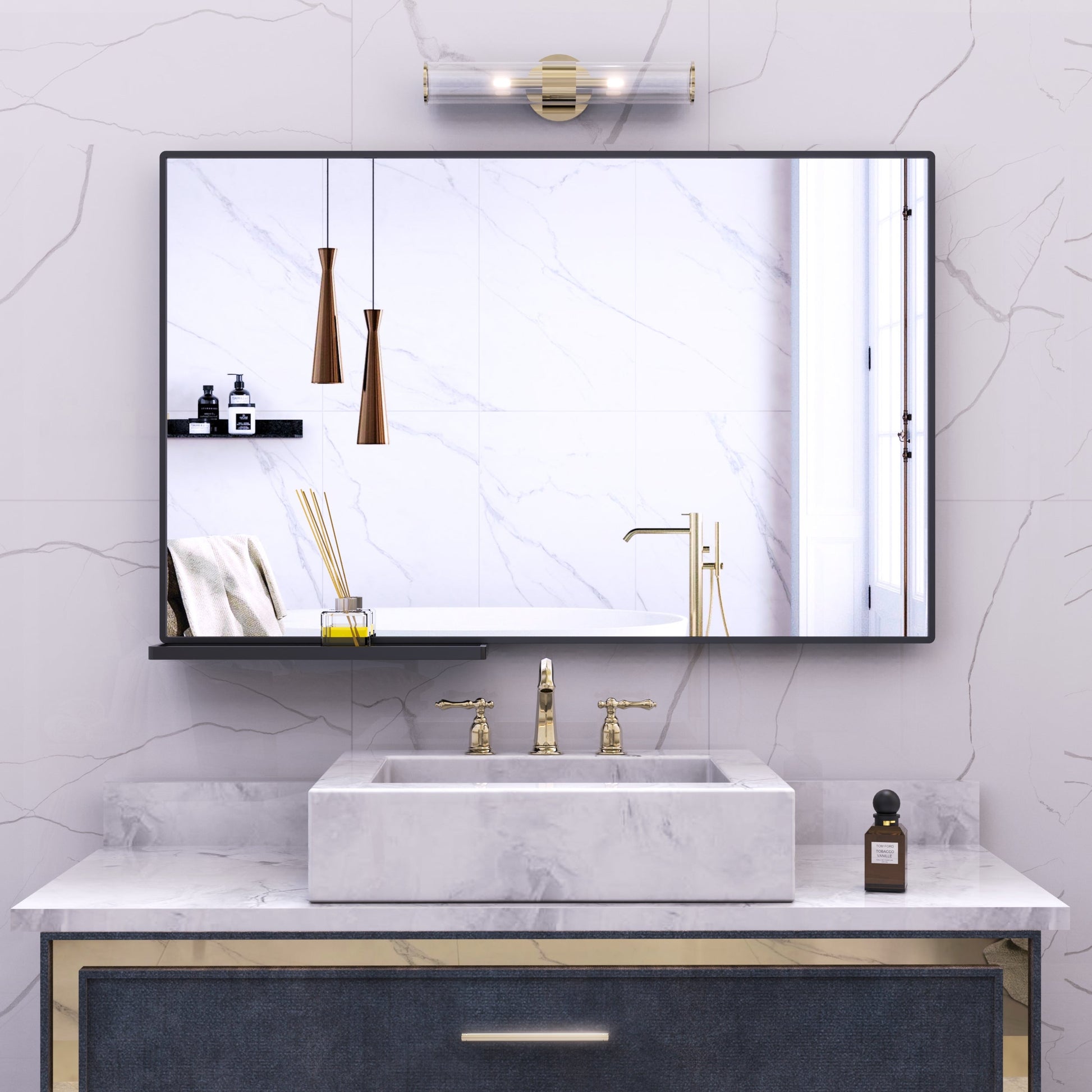 40x30 Inch modern bathroom mirror with storage rack rectangular mirror bathroom living room bedroom hanging mirror - Korvel