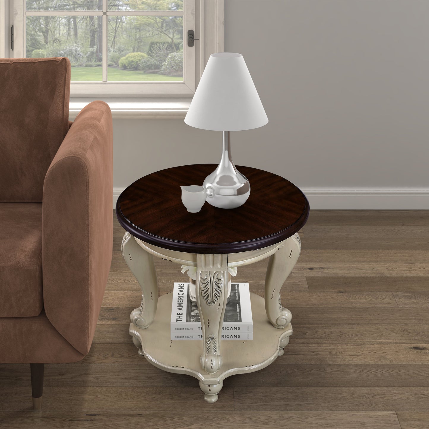22 inch dual tone round head table, solid wood sofa side table with shelf, white and cherry tabletop - Korvel
