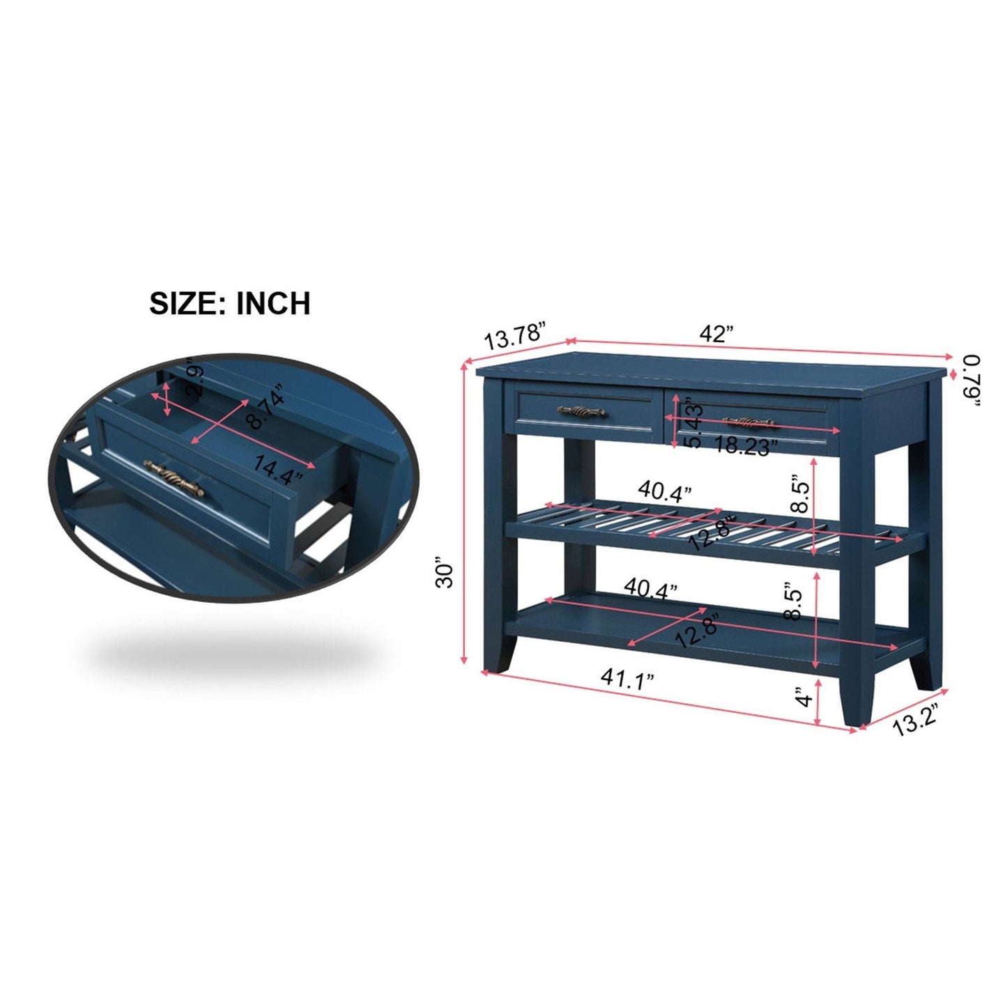 Mesa Consola Sofá de Estilo Mid-Century con Cajones de Almacenamiento - Azul Marino