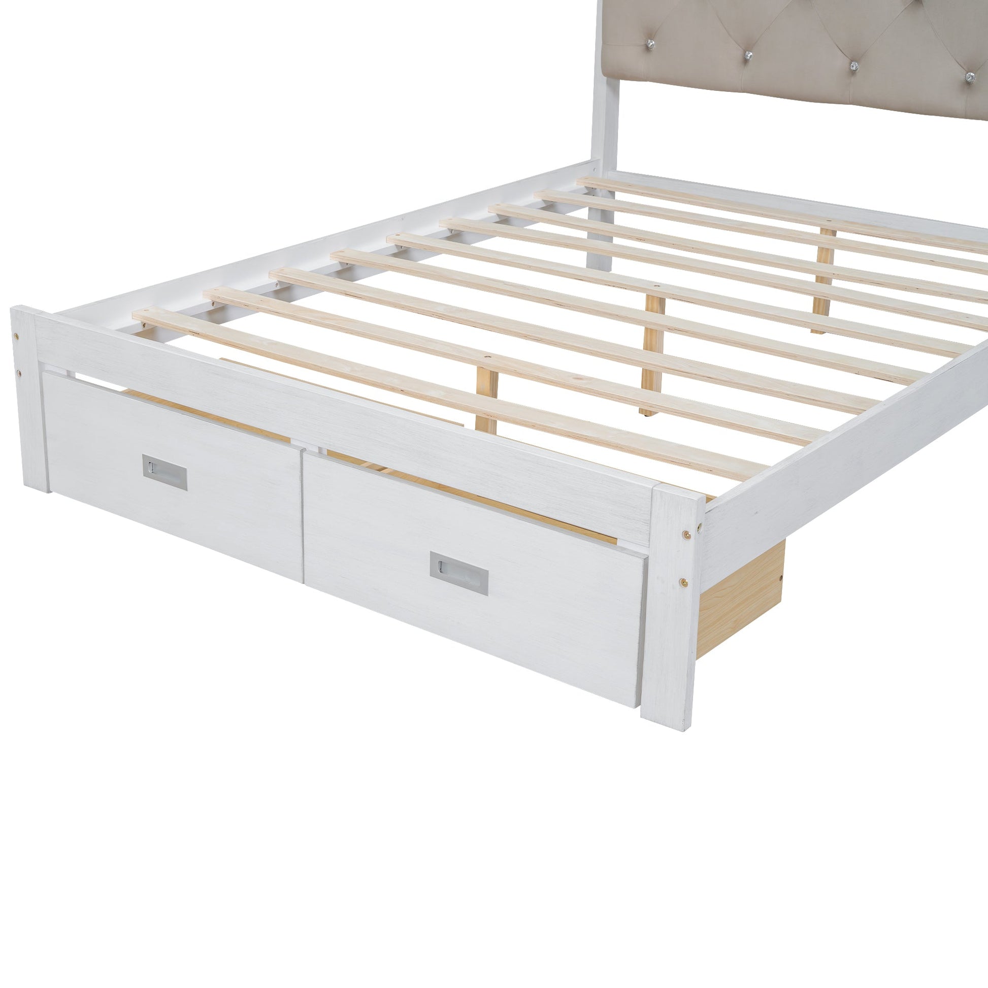 Wood Full Size Platform Bed with Upholstered Headboard and LED and 2 Drawers, Antique White - Korvel