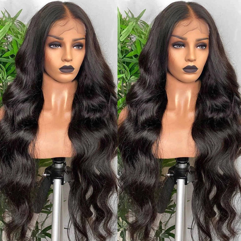 Long Body Wave Black Wig Synthetic Wigs for Black Women Middle Part Brown Cosplay Hairs - Korvel