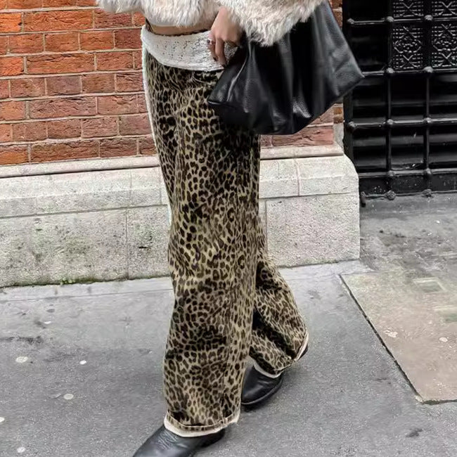 American retro leopard print casual pants with high waist design niche fashion loose and wide leg pants - Korvel