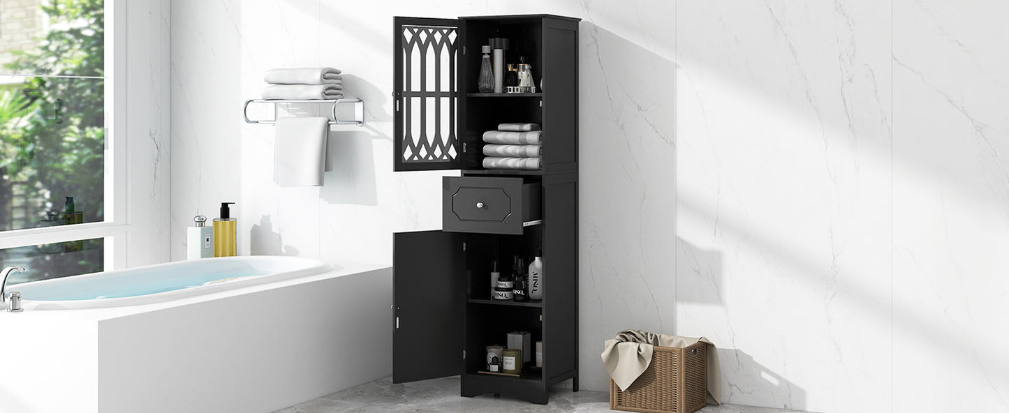 Tall Bathroom Cabinet, Freestanding Storage Cabinet with Drawer and Doors, MDF Board, Acrylic Door, Adjustable Shelf, Black - Korvel