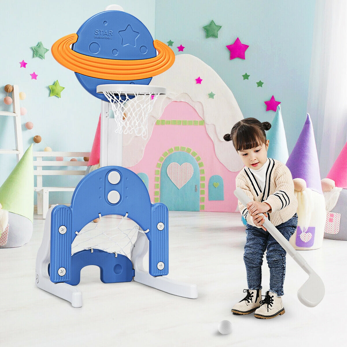 Juego de Baloncesto Ajustable 3 en 1 para Niños - Azul