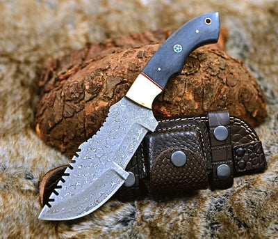 Premium Damascus Steel Tom Brown Tracker Knife with Color Bone & Brass Handle - Korvel