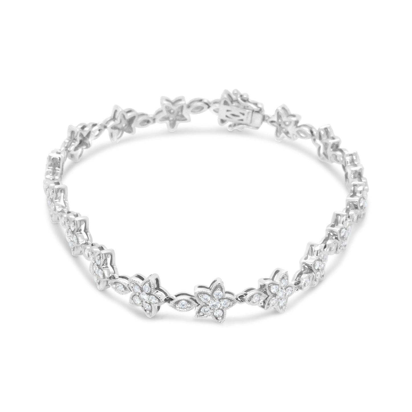 14K White Gold Diamond Flower Blossom Link Bracelet - Size 7"