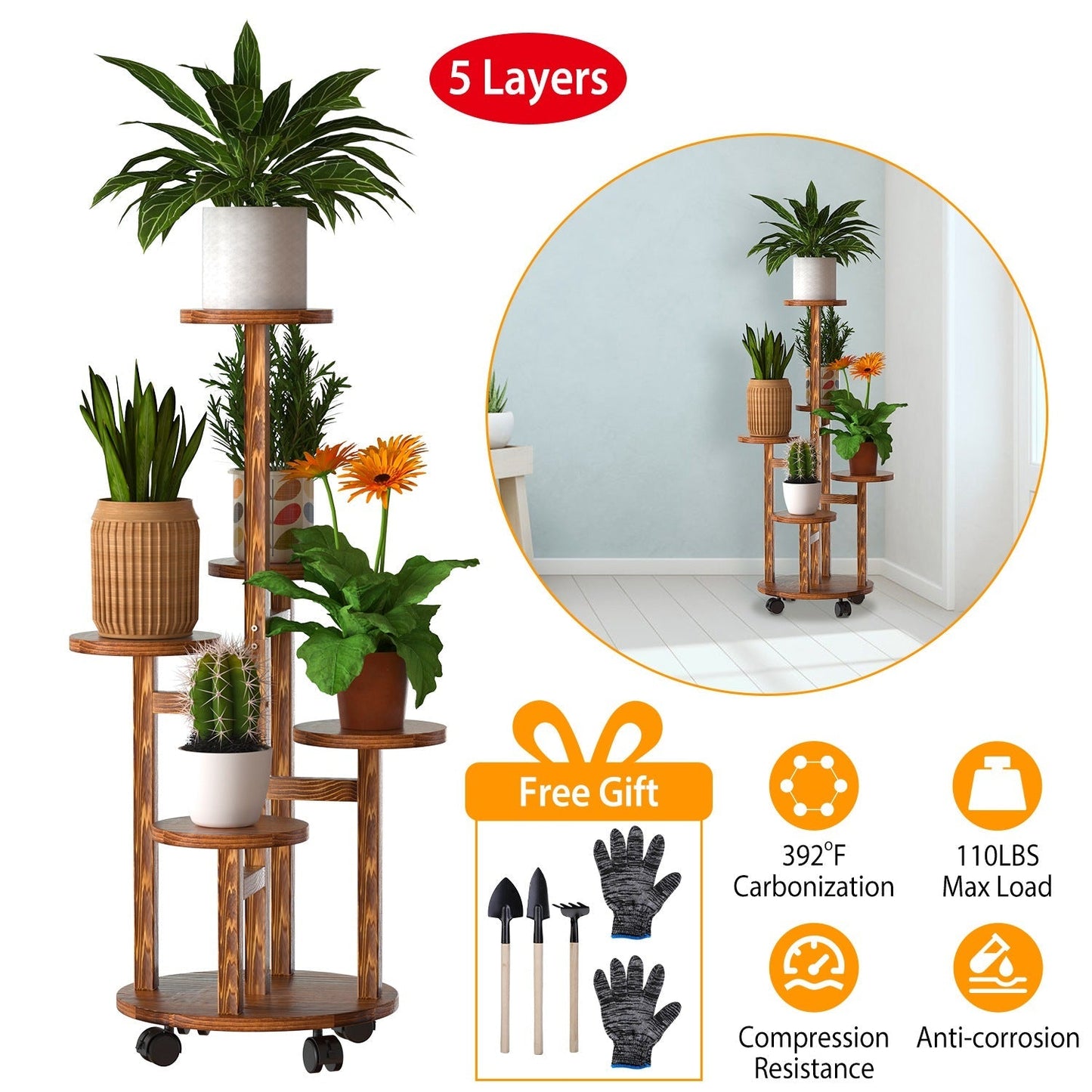 Soporte de Plantas de Madera de 5 Niveles con Ruedas Desmontables