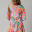 Multicolored Printed Long Sleeve Tie Neck Mini Dress