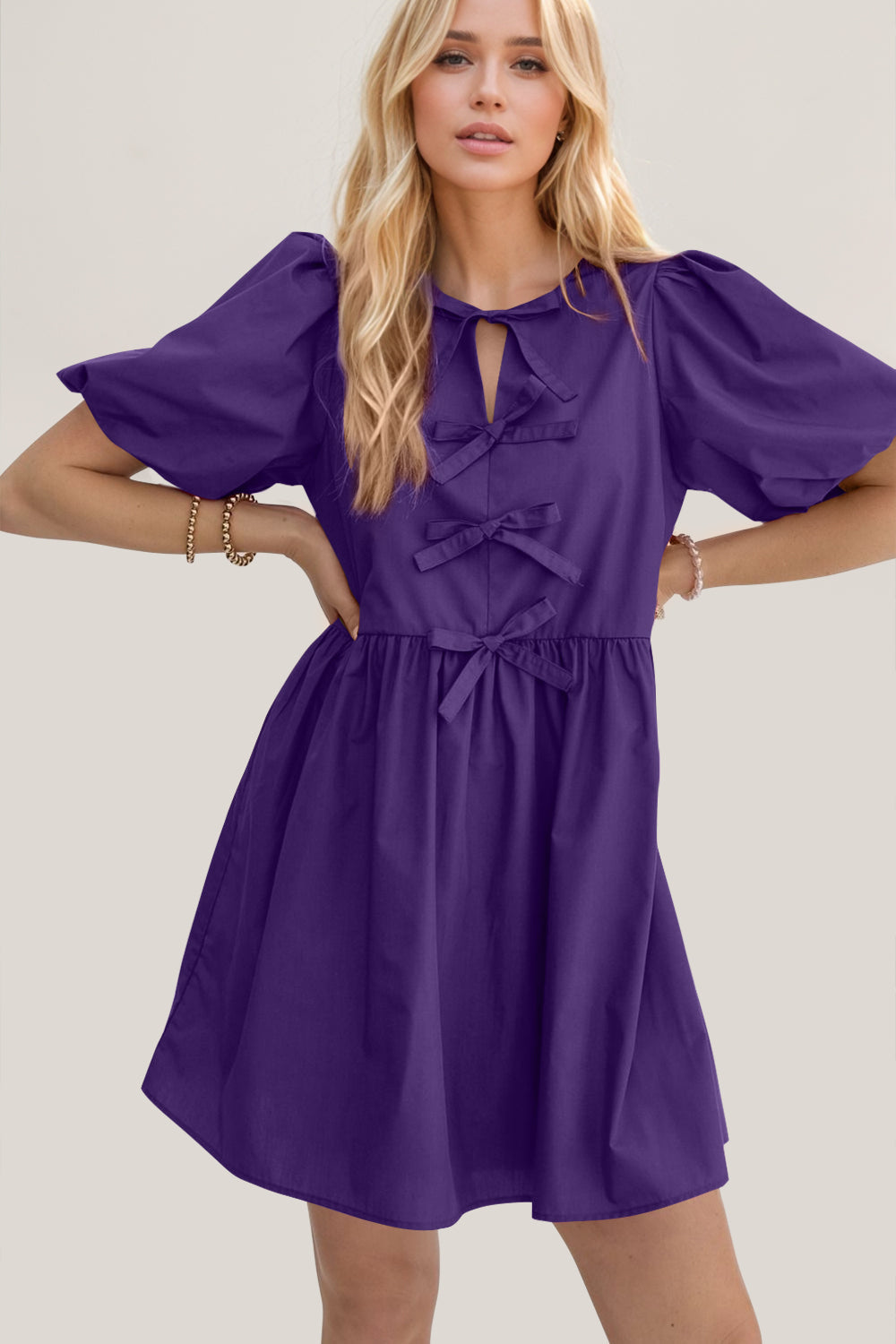 Elegant Ruched Puff Sleeve Mini Dress with Bow Detail
