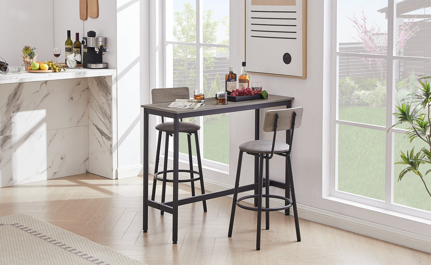 Stylish Grey Bar Table Set with Soft PU Seats and Backrests