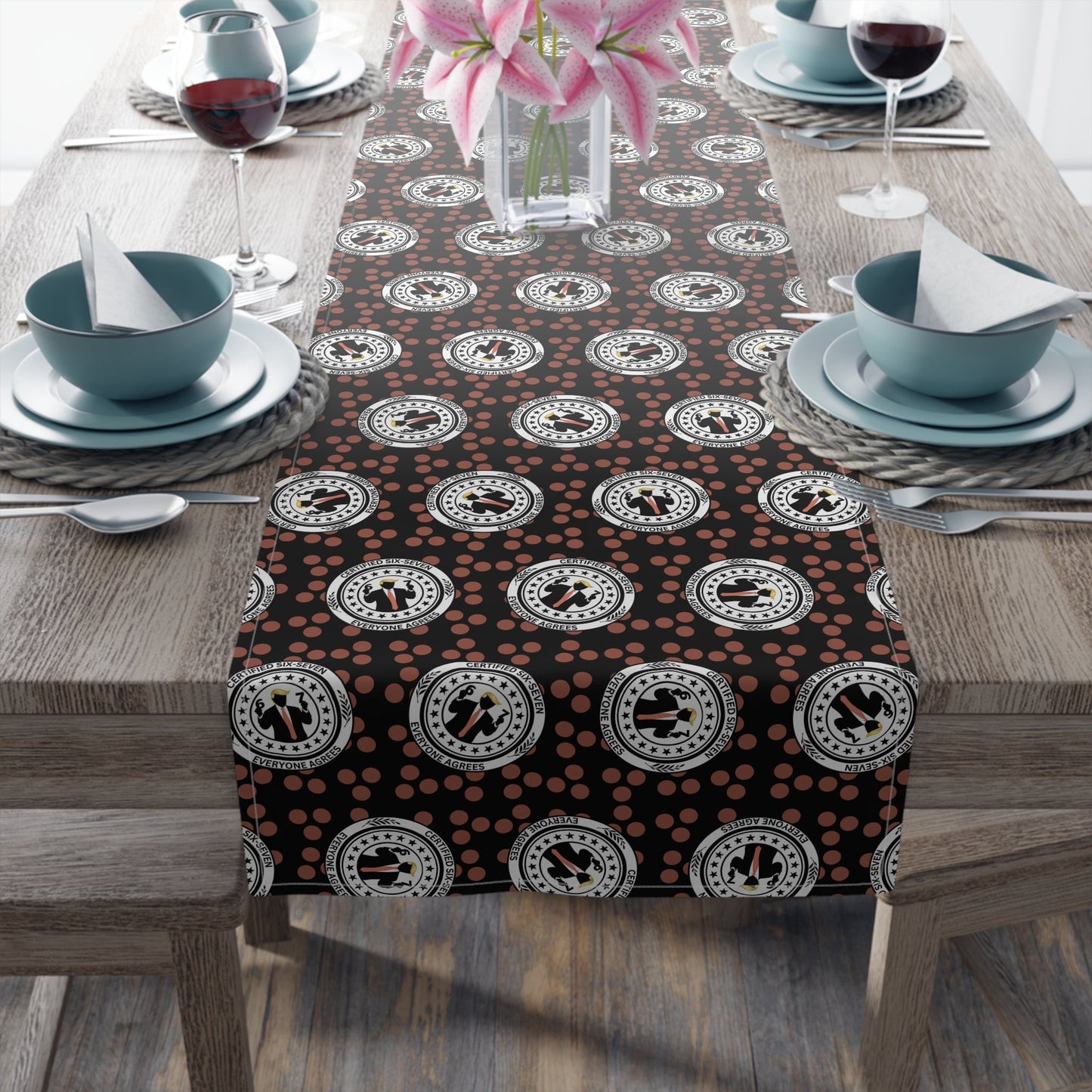 Certified Six Seven Table Runner – Political Parody Medallion Decor