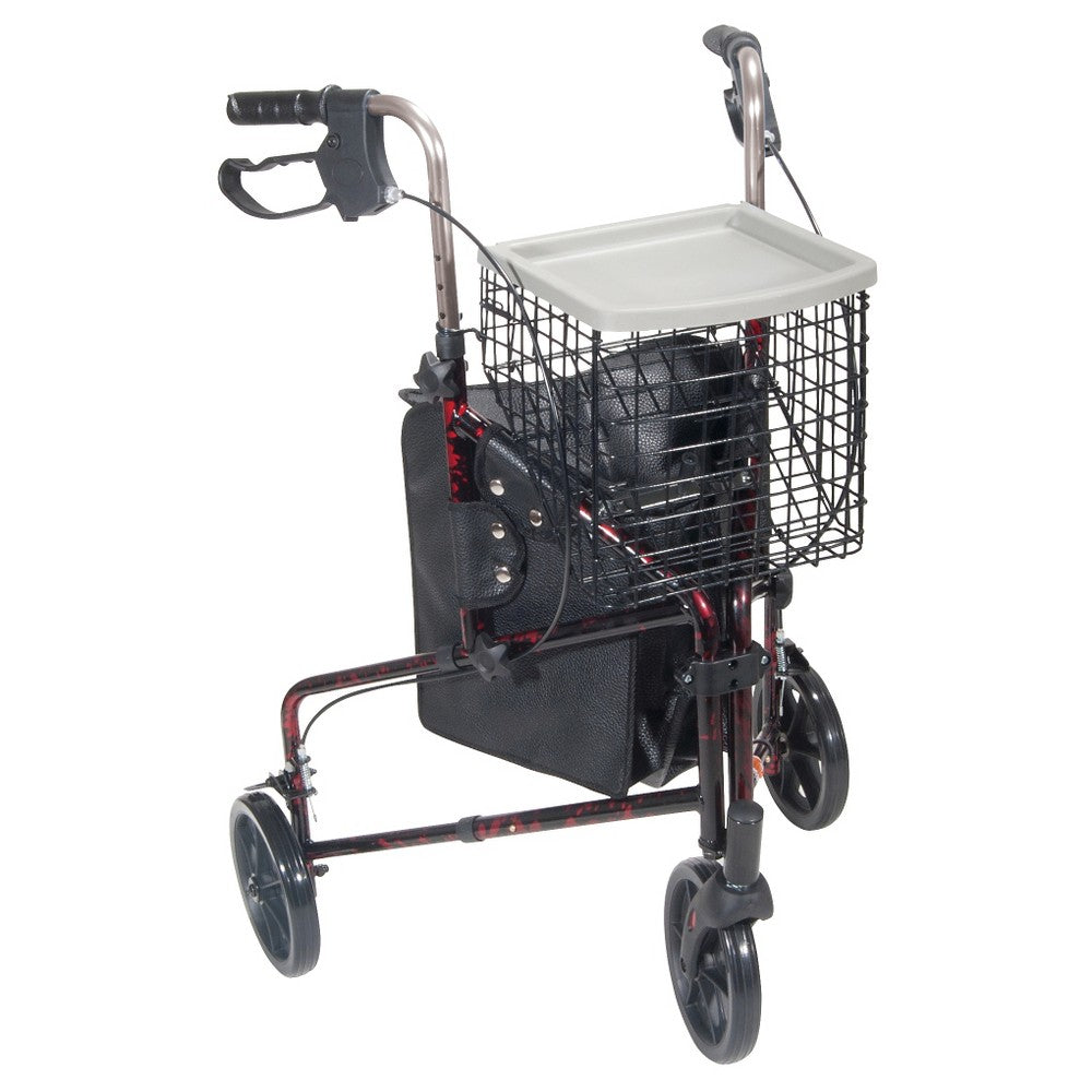 Drive Medical 3 Wheel Walker Rollator with Basket Tray and Pouch - Flame Red