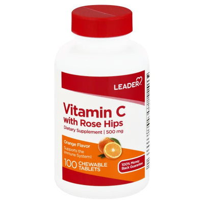 Leader Vitamine C 500mg Comprimés à Mâcher avec Églantier, 100ct – Saveur Orange