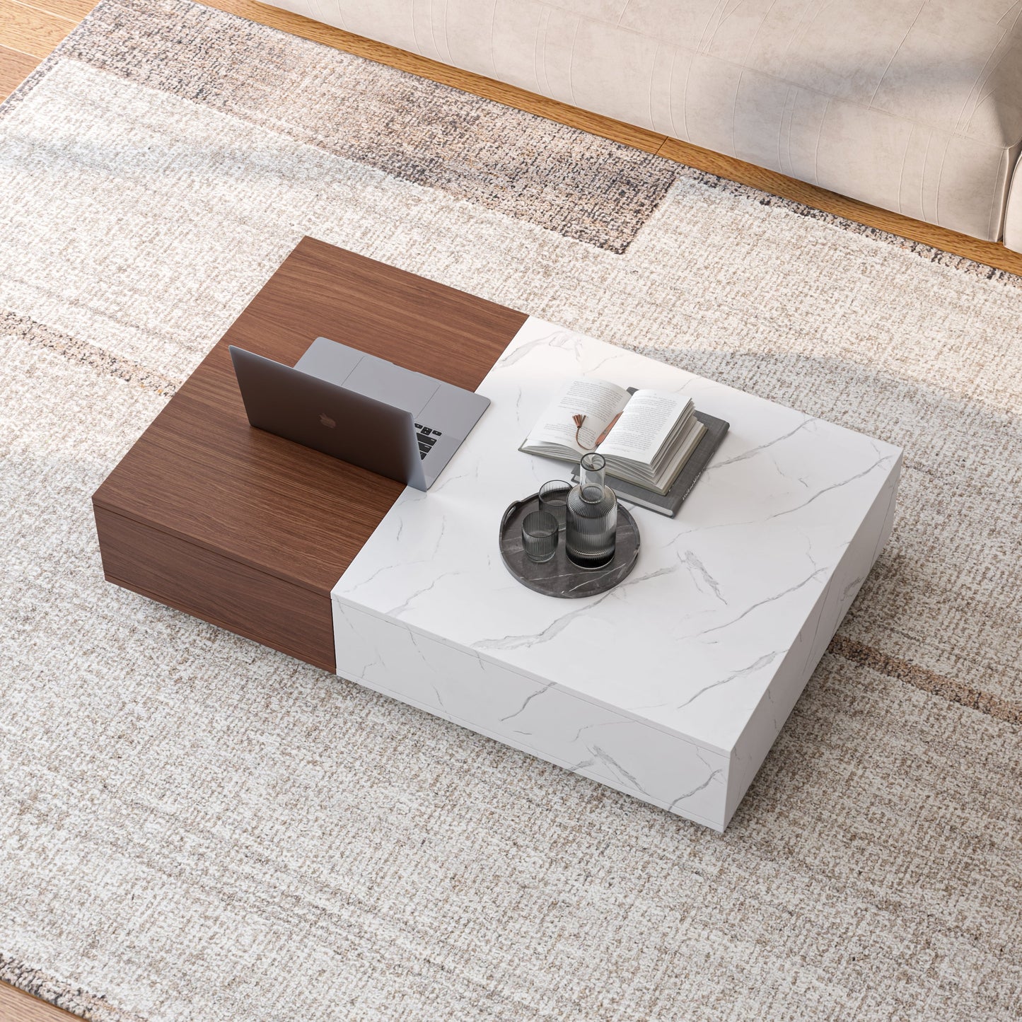 Modern style walnut coffee table with two storage spaces - Korvel