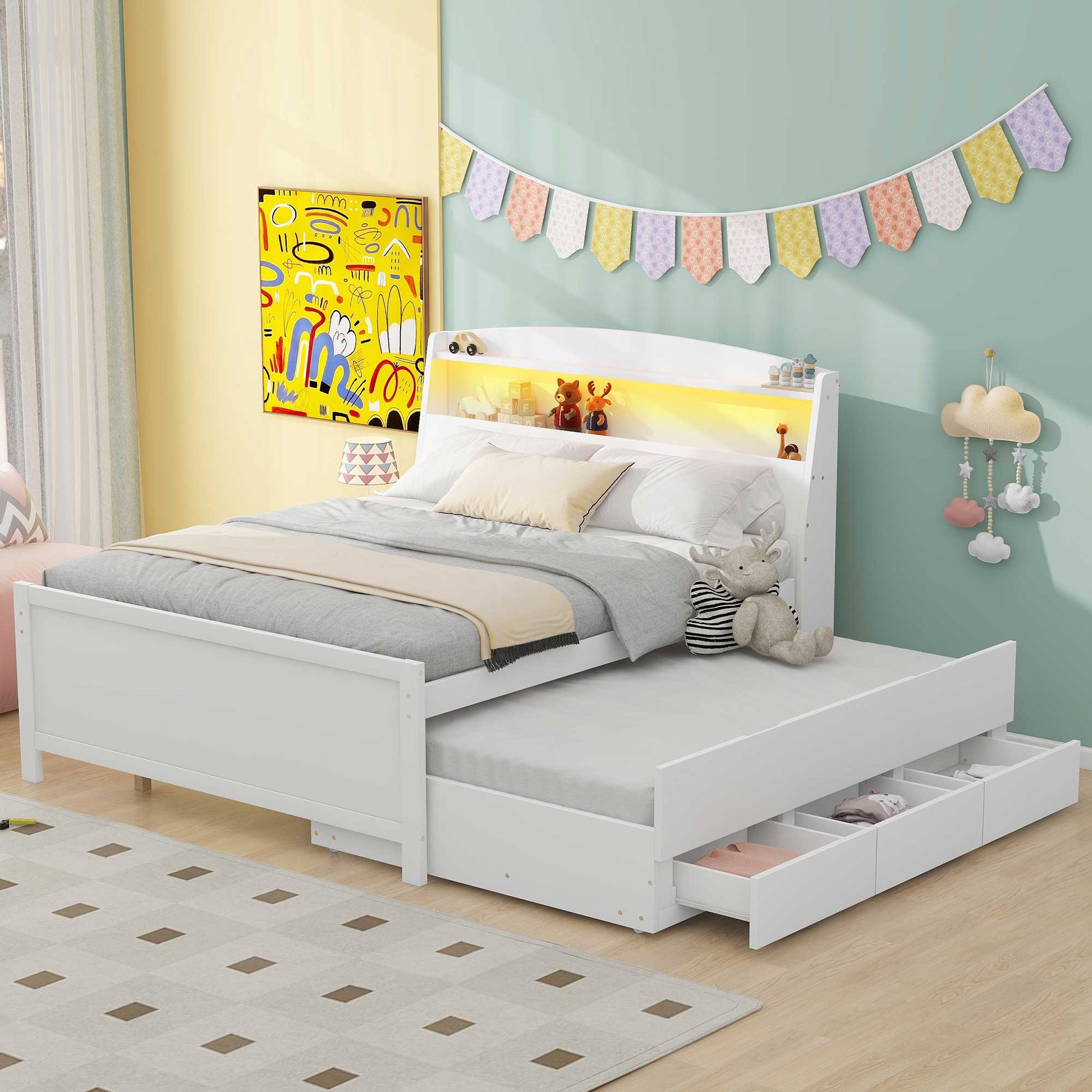 Full Size Platform Bed with Storage LED Headboard  Twin Size Trundle and 3 Drawers White - Korvel