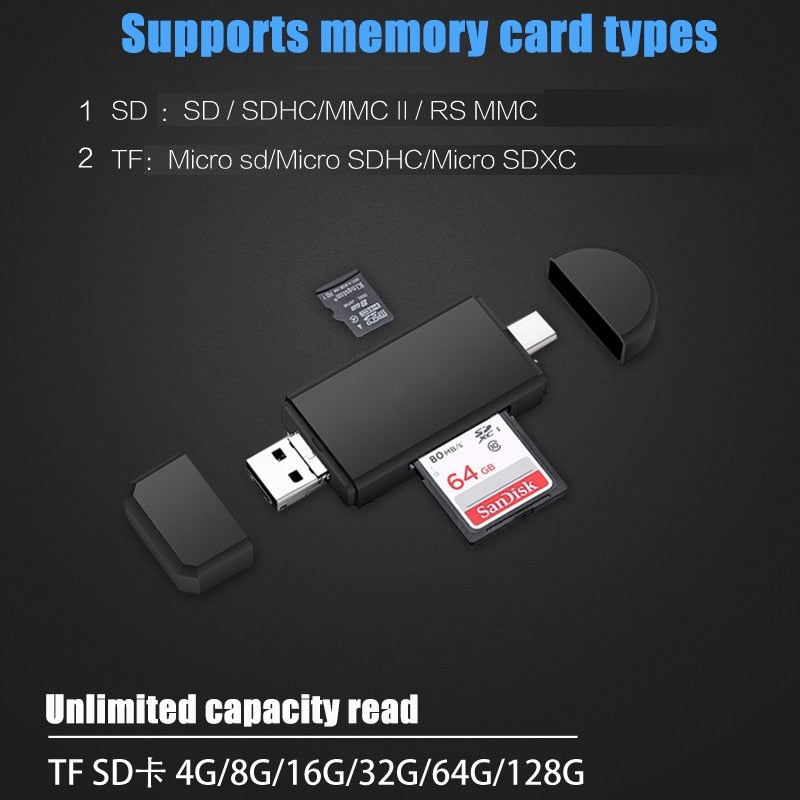 Type C & micro USB & USB 3 In 1 OTG Card Reader  High-speed USB2.0 Universal OTG TF/SD for Android Computer Extension Headers - Korvel