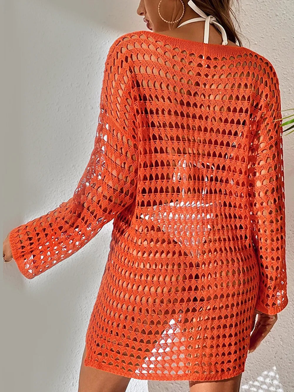 Knitted hollowed out pullover round neck long sleeved bikini swimsuit cover - Korvel