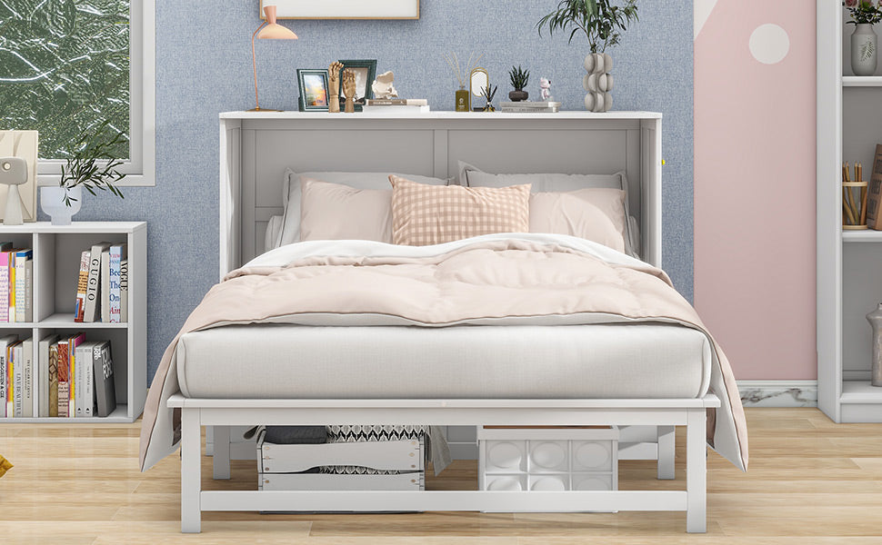 Queen Size Murphy Bed with Built-In Charging Station and a Shelf  White - Korvel