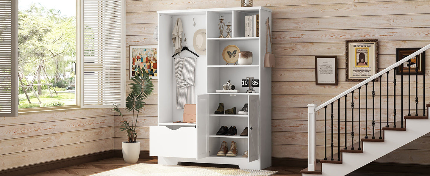 Multi-functional Hall Tree with Storage Shelves Drawers Cabinet Elegant Hallway Shoe Cabinet with Bench Modern Coat Rack White - Korvel