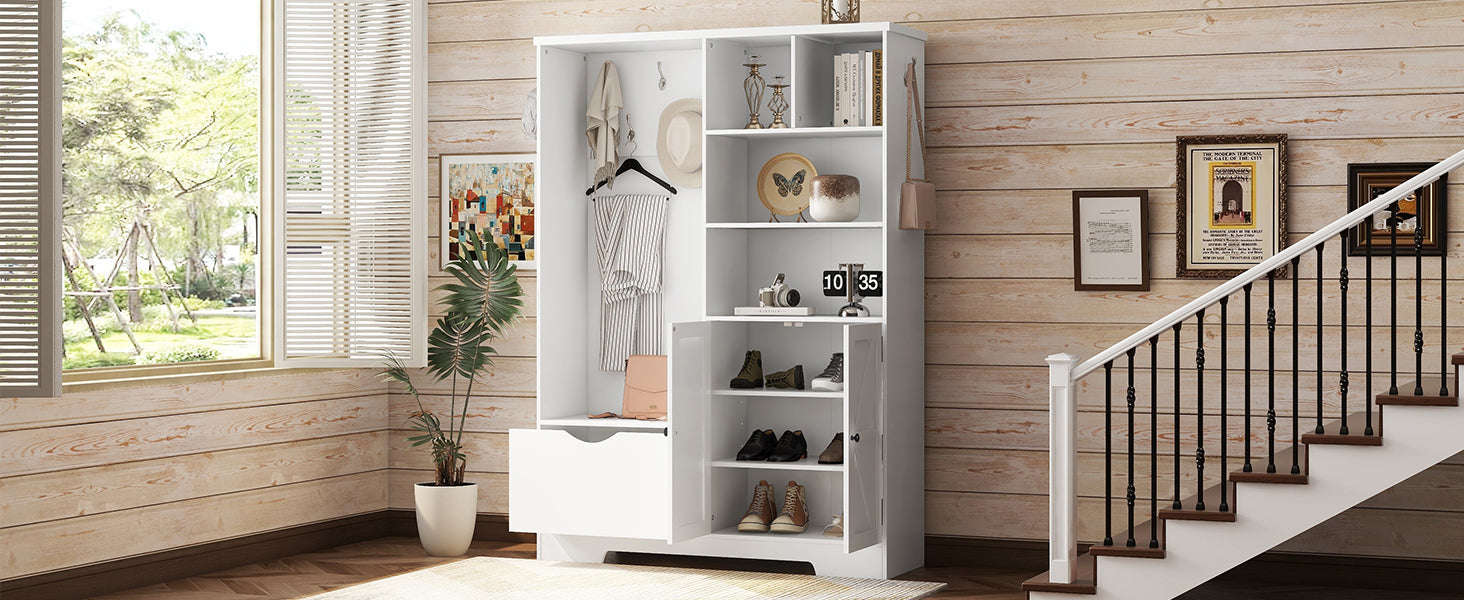 Multi-functional Hall Tree with Storage Shelves Drawers Cabinet Elegant Hallway Shoe Cabinet with Bench Modern Coat Rack White - Korvel