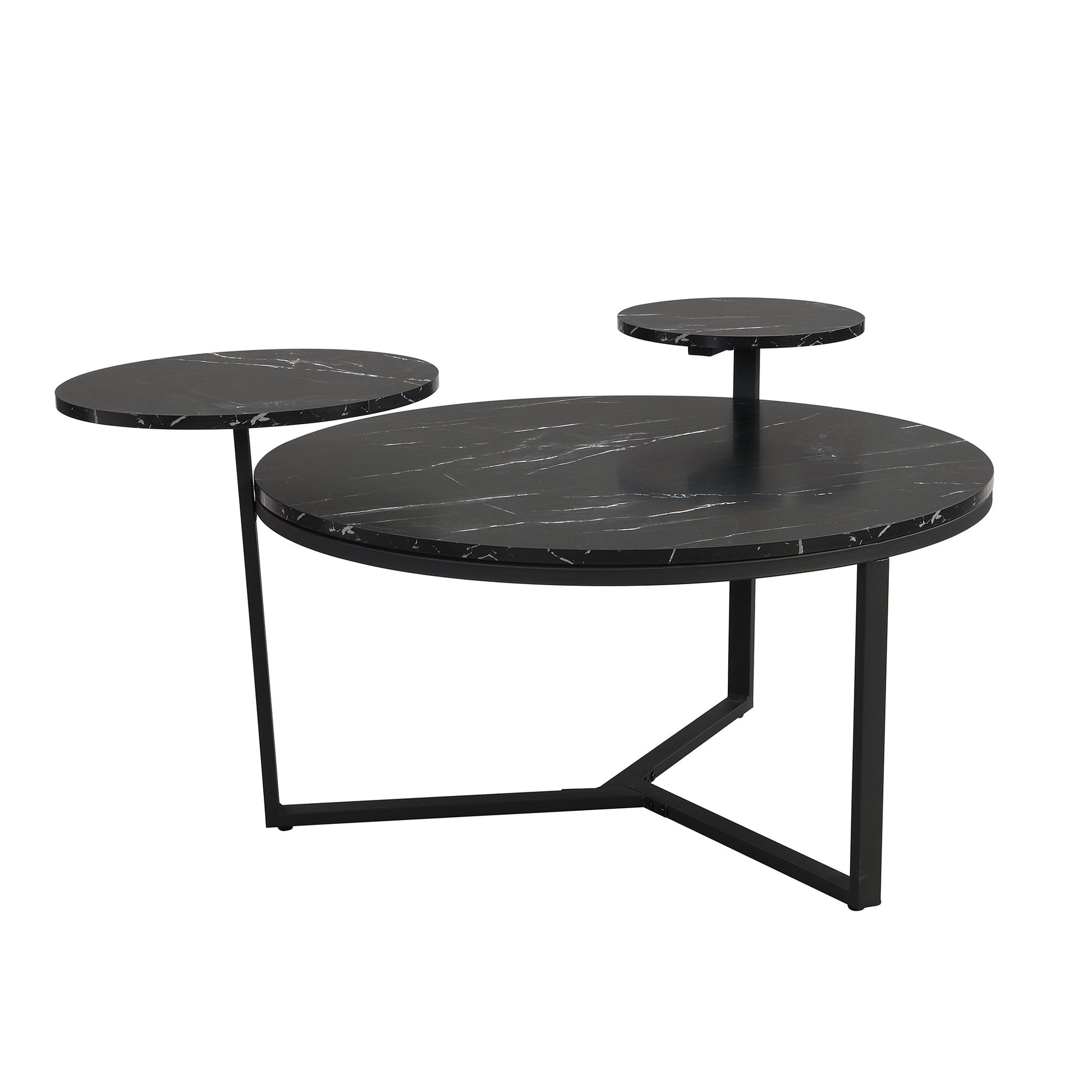 Modern coffee table with two display shelves, Black Faux marble surfaces, Tripod-inspired base,Rounded tabletop edges - Korvel