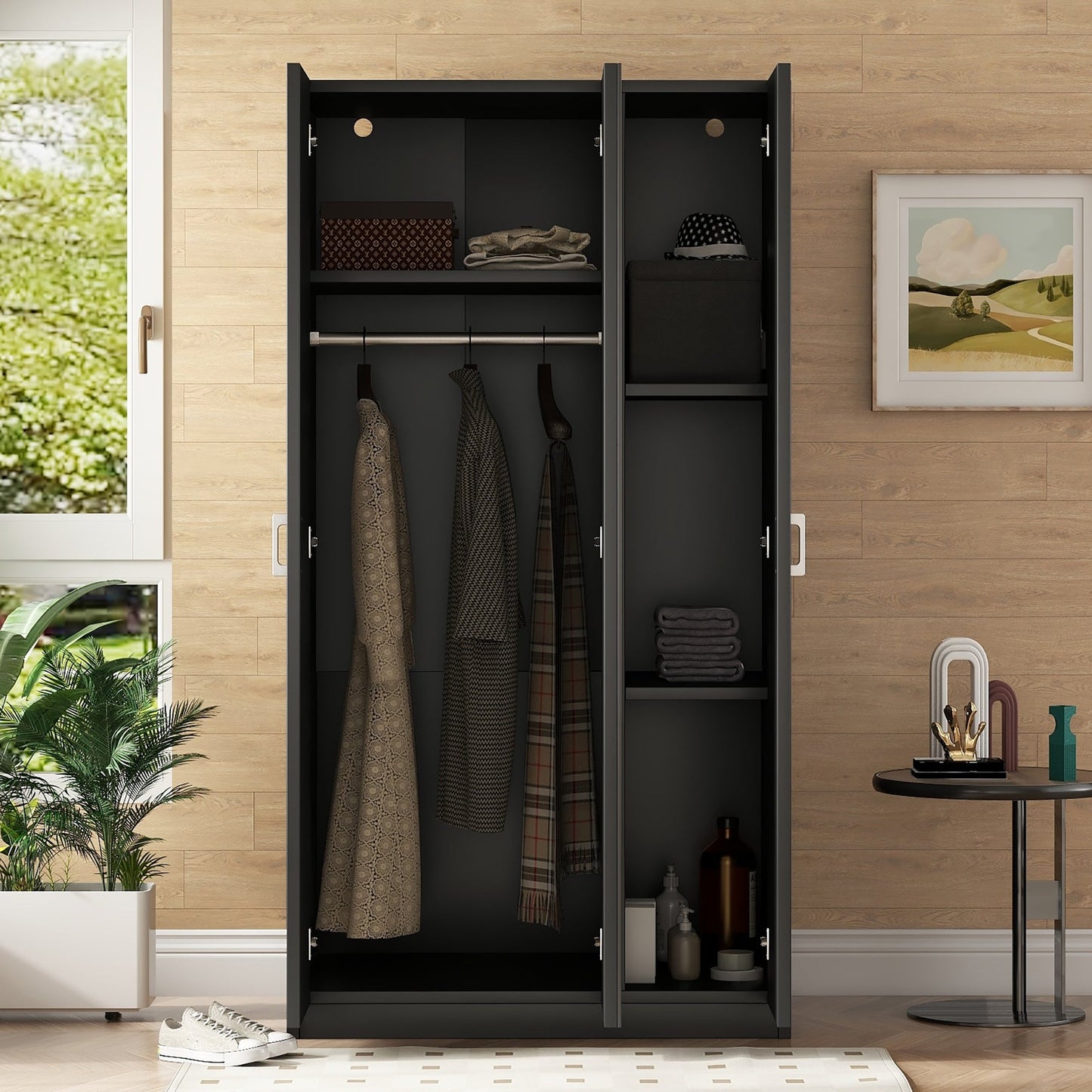 Elegant 3-Door Wardrobe with Mirror and Shelves in Black