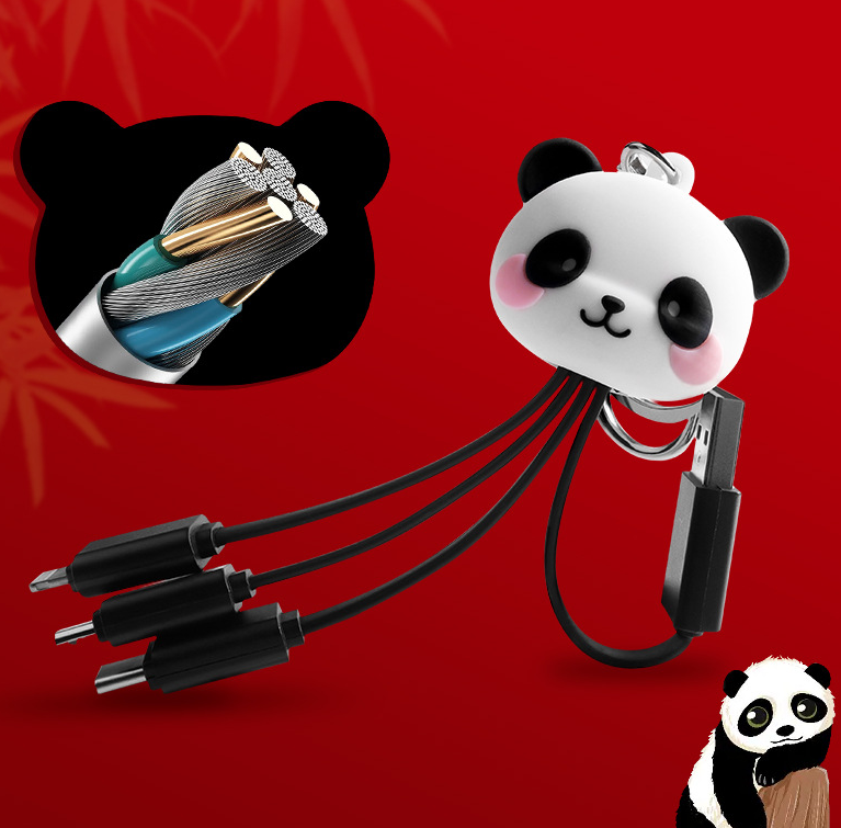 Cartoon Panda One Drag Three Data Wires Cute Keychain Panda Three in One Fast Charging Mobile Phone Charging Cable - Korvel