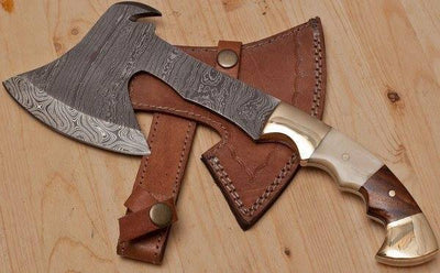 Custom Handmade Viking EDC Tomahawk Axe - Full Tang Damascus Steel with Rosewood & Brass Handle - Korvel