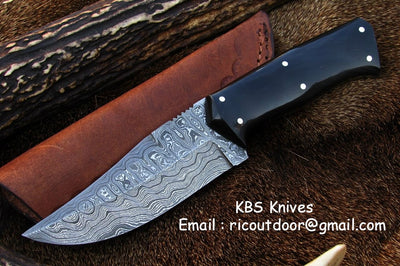 Premium 8-Inch Damascus Steel Hunting Knife with Buffalo Horn Grip | KBS Knives - Korvel