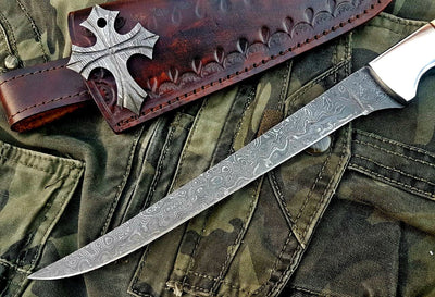 KBS Knives Store Artisan Damascus Steel Fillet Knife with Bone & Steel Handle and Leather Sheath - Korvel