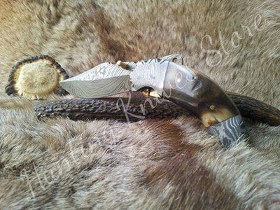 Premium Damascus Steel Folding Pocket Knife with Unique Sheep Horn Handle – The Ram’s Edge - Korvel