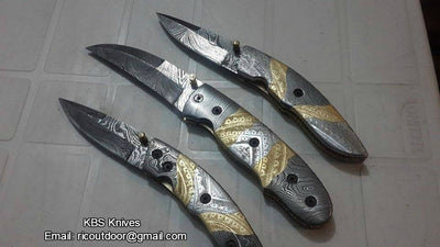 TriGuard Collection: Set of 3 Handcrafted Damascus Steel Folding Knives with Elegant Steel and Brass Handles - Korvel