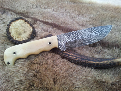 The Wilderness Edge: Premium Custom Damascus Steel Hunting Knife | Bone Grip | 10-Inch | KBS Knives - Korvel