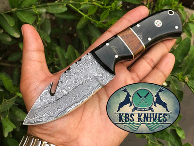 Premium Full Tang Handmade Raindrop Damascus Guthook Knife - Korvel