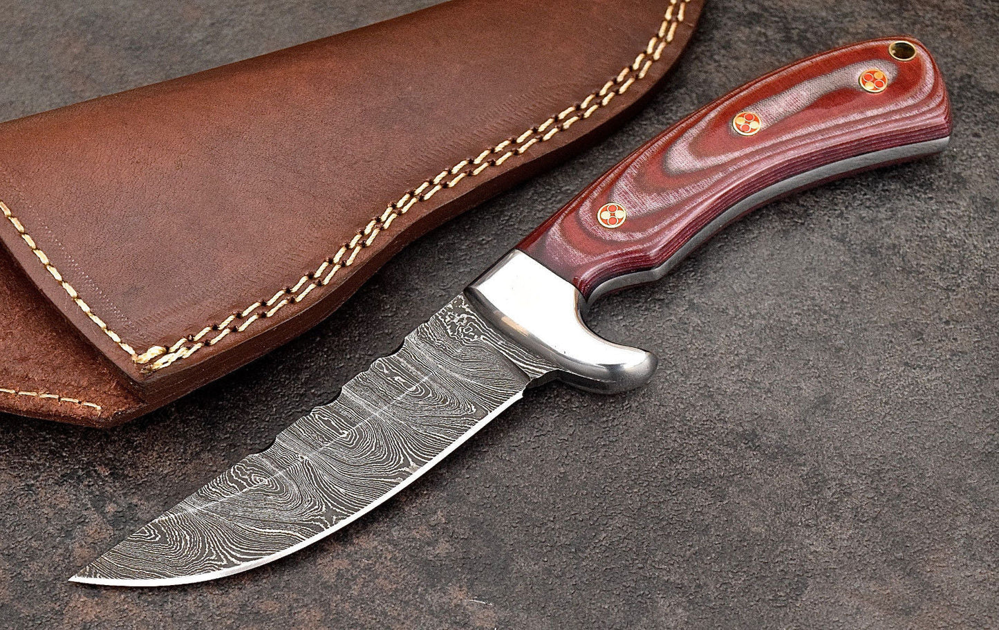 Premium Custom Damascus Steel Red Micarta Skinning and Hunting Knife - Korvel