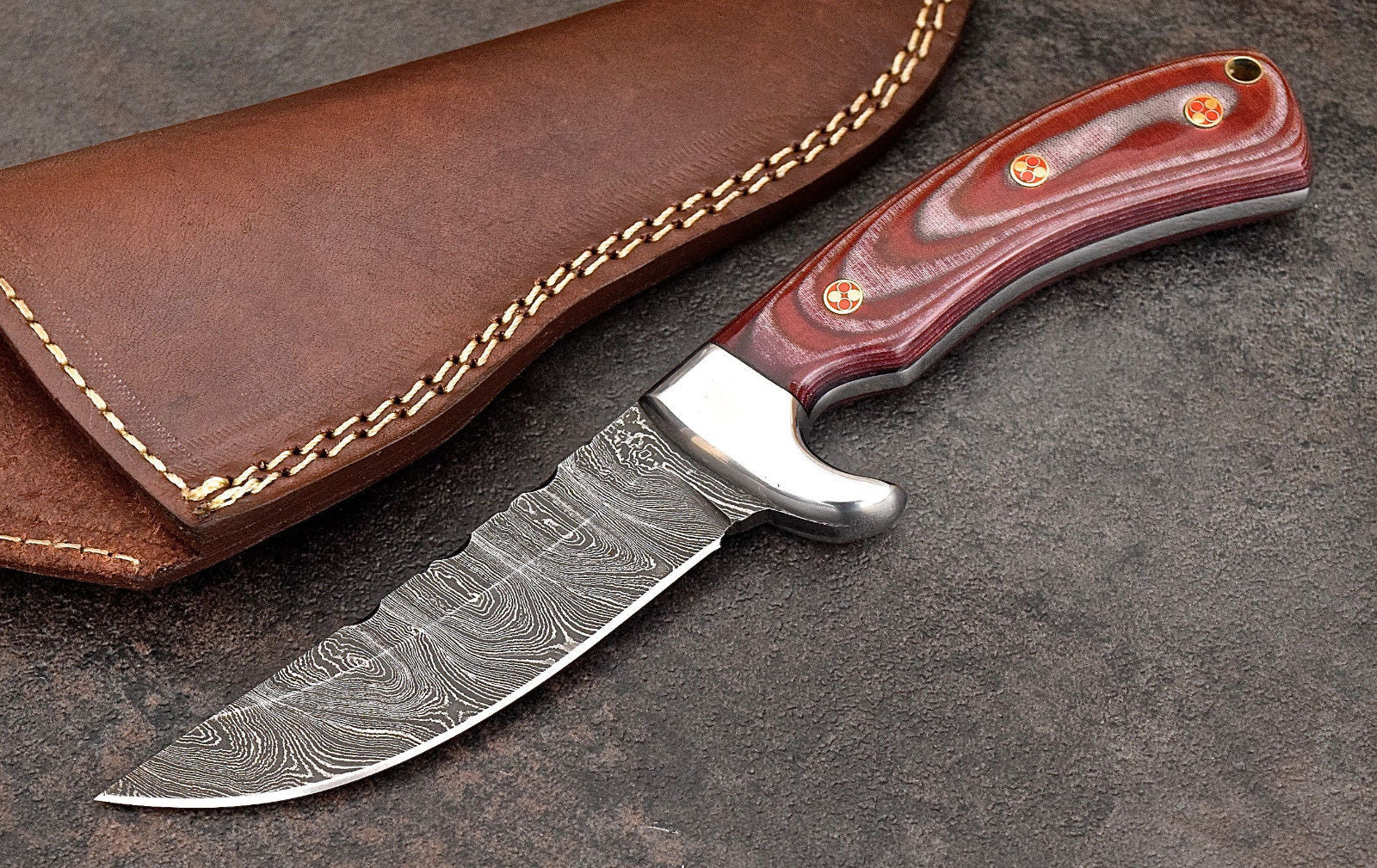 Premium Custom Damascus Steel Red Micarta Skinning and Hunting Knife - Korvel
