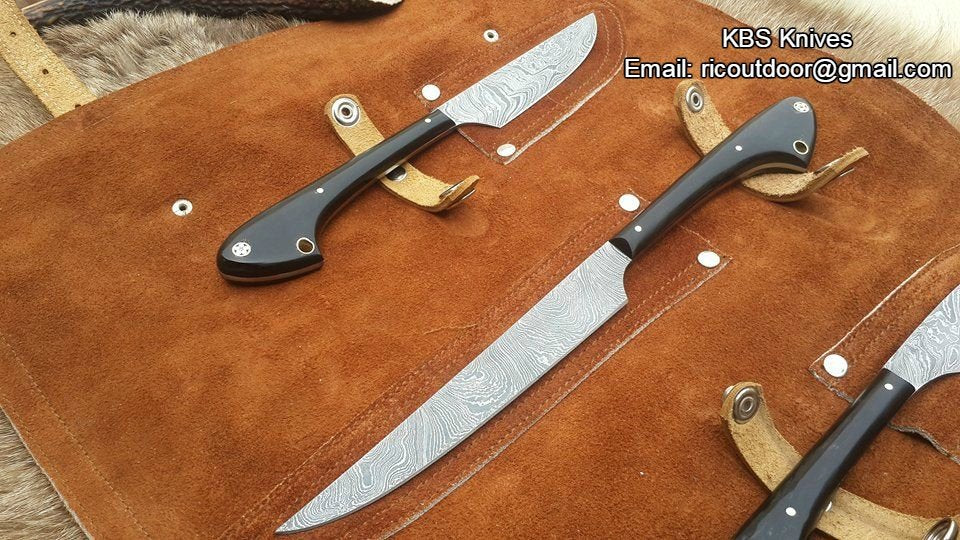 3-Piece Damascus Steel Hunting Knife Set with Buffalo Horn Handles – Outdoor Edge - Korvel