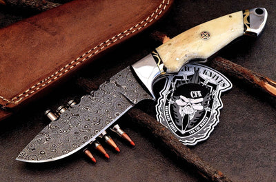 Premium Custom Raindrop Damascus Skinning Knife with Deer Bone Handle - Korvel