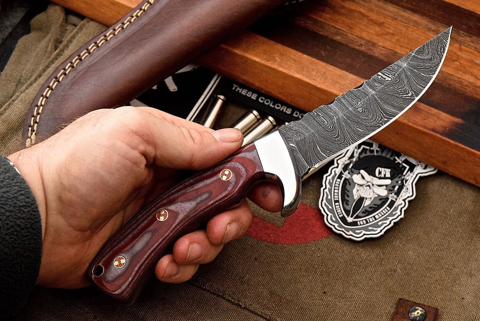Premium Custom Damascus Steel Red Micarta Skinning and Hunting Knife - Korvel