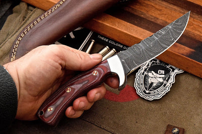 Premium Custom Damascus Steel Red Micarta Skinning and Hunting Knife - Korvel
