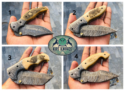 Artisan Crafted Damascus Steel EDC Folding Knife with Bone Handle - Korvel