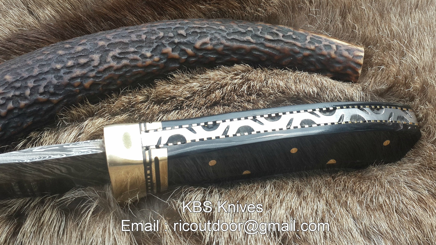 Premium 9-Inch Damascus Steel Hunting Knife with Buffalo Horn Handle & Brass Guard | KBS Knives - Korvel