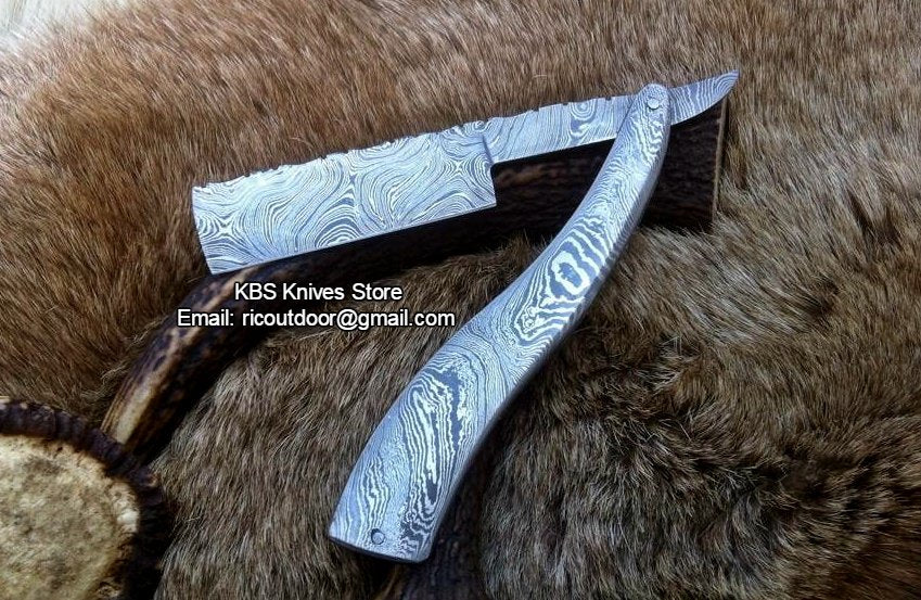 Exquisite Damascus Steel Antique Razor with Leather Case - Exclusive at KBS Knives Store - Korvel