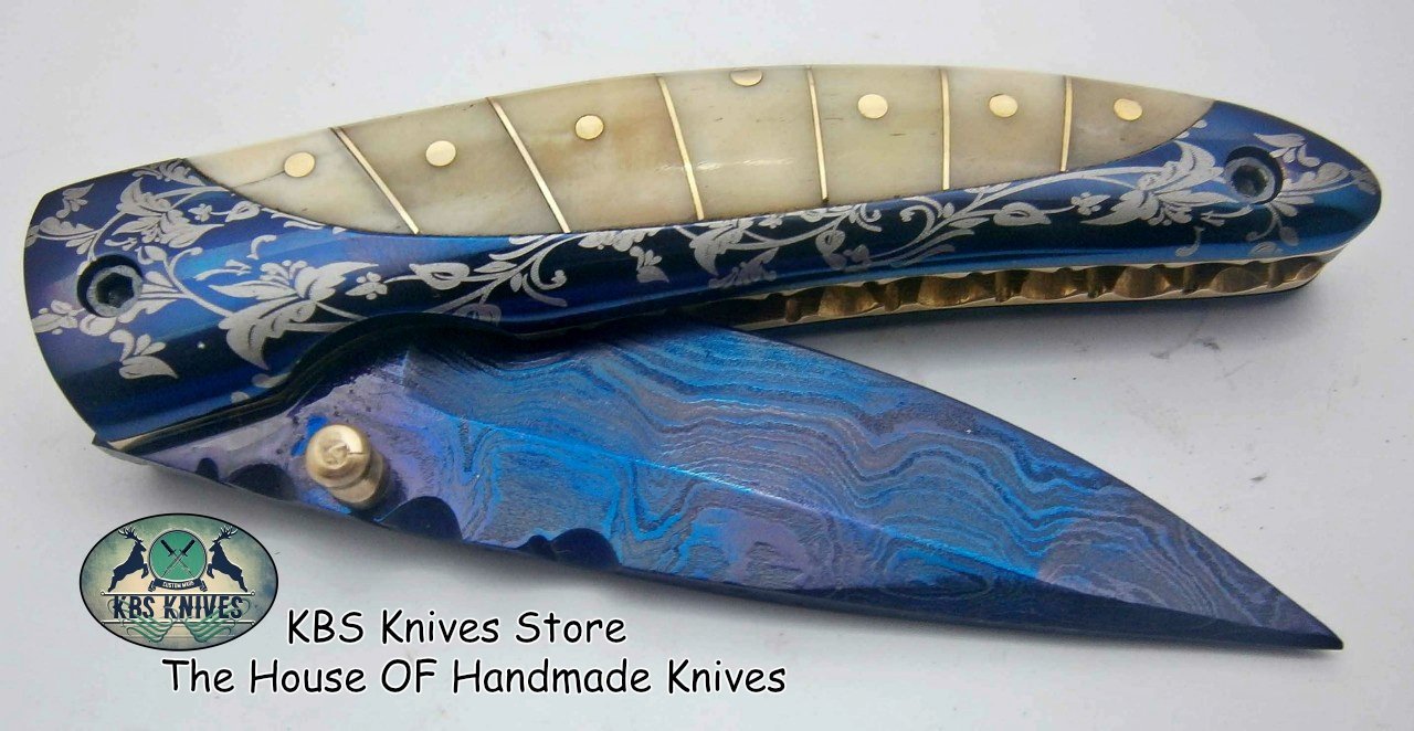 Artisan Patina Damascus EDC Folding Knife - Custom Handmade - Korvel