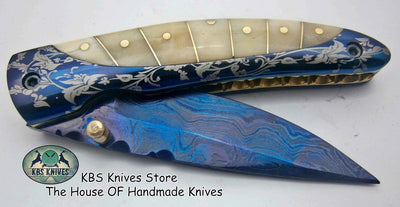 Artisan Patina Damascus EDC Folding Knife - Custom Handmade - Korvel
