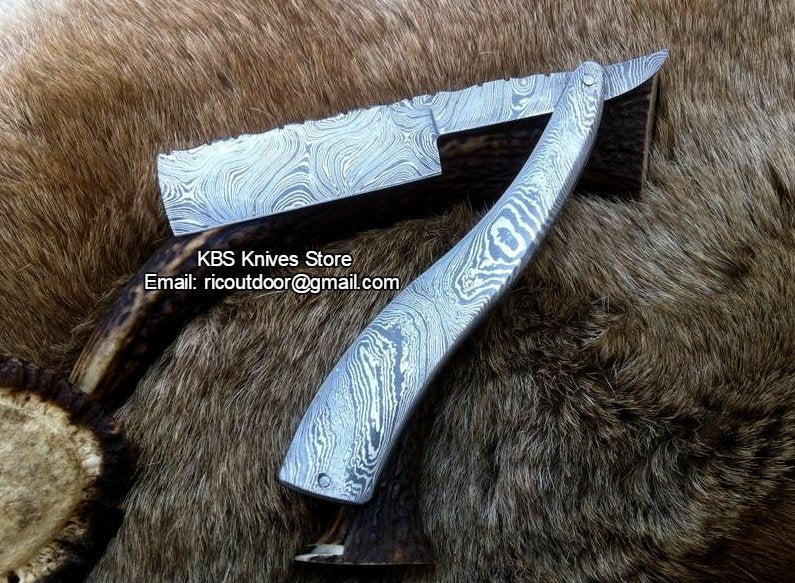 Exquisite Damascus Steel Antique Razor with Leather Case - Exclusive at KBS Knives Store - Korvel