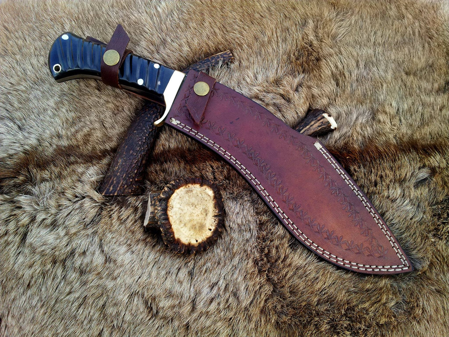 Authentic 15" Damascus Kukri with Buffalo Horn Handle - Korvel