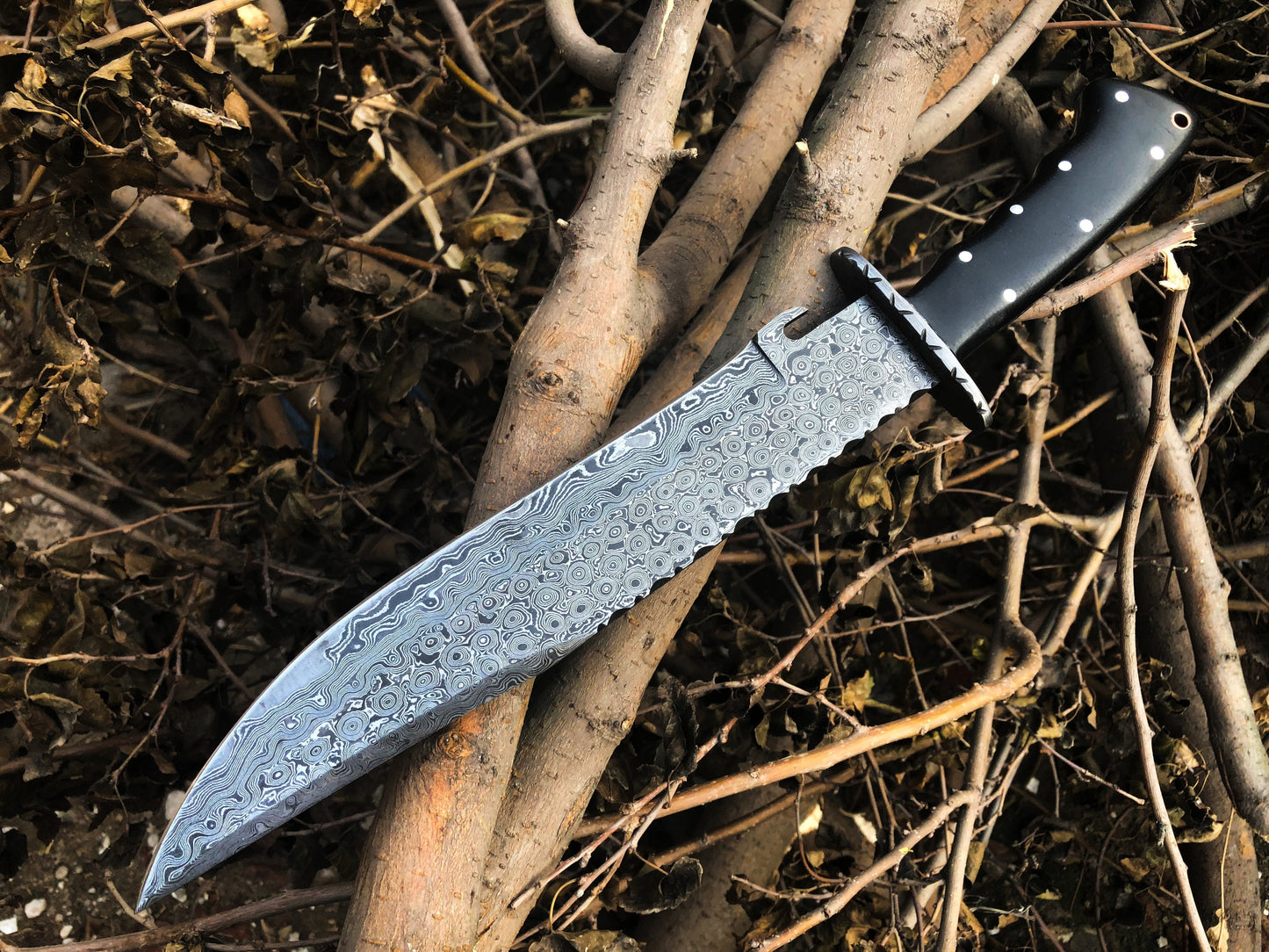 Premium Big Bowie Knife for Hunting | Full Tang Raindrop Damascus Blade | Micarta Handle & Damascus Guard | 17 Inches | Leather Sheath Inclu - Korvel