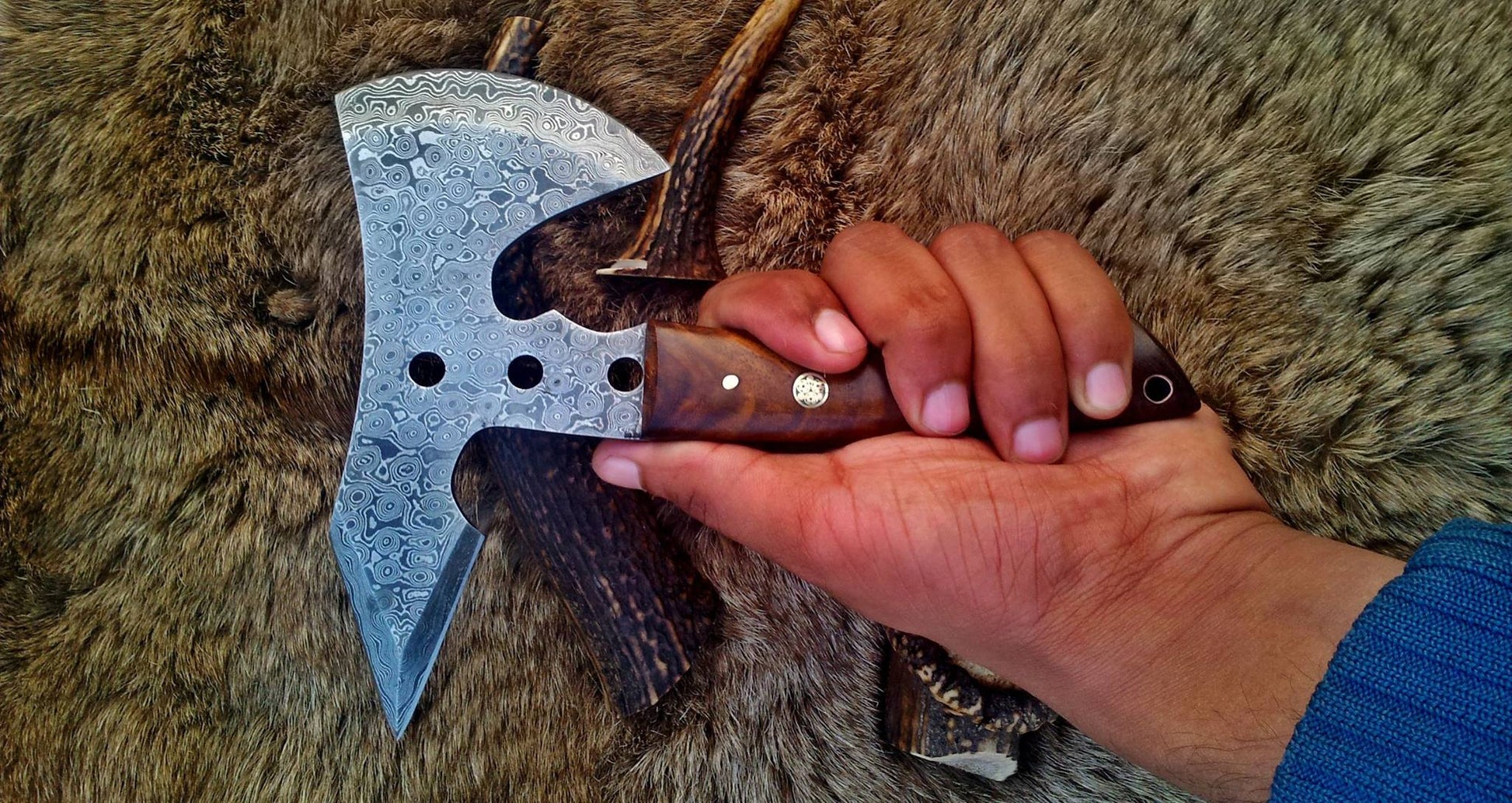 Artisan Crafted Damascus Mini Axe with Leather Sheath - Korvel